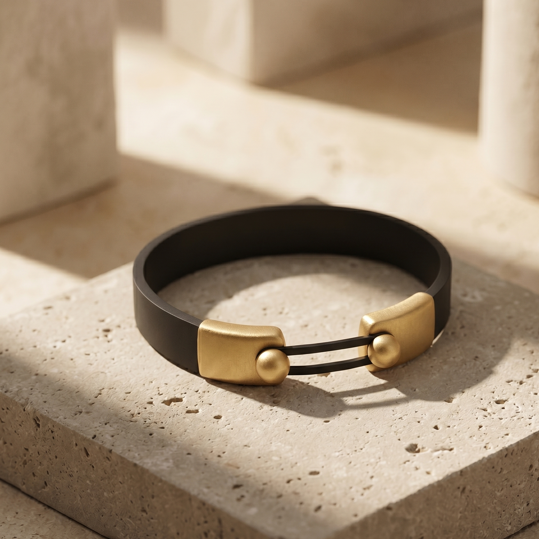 Black silicone bracelet with gold accents on a textured stone surface