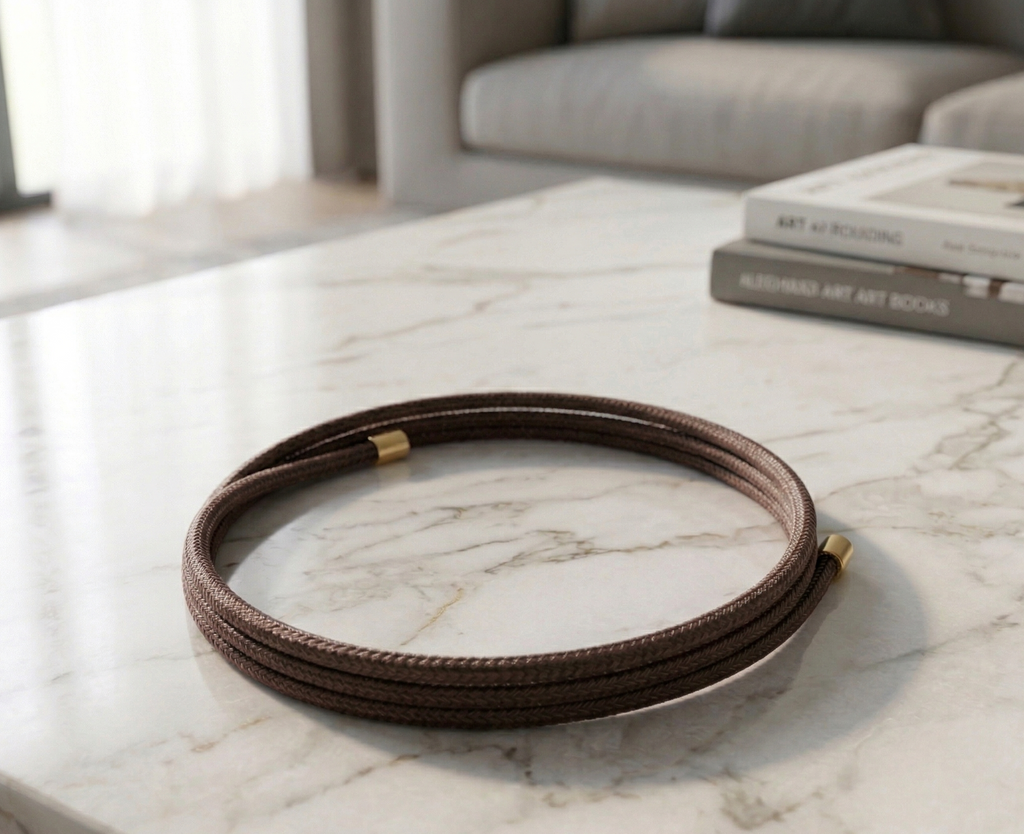 Coffee colored magnetic bracelet on a marble surface with books in the background