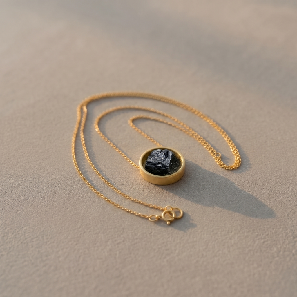 Gold necklace with a black pendant on a beige surface