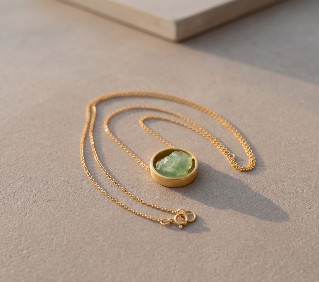 Gold necklace with a green gemstone pendant on a beige surface