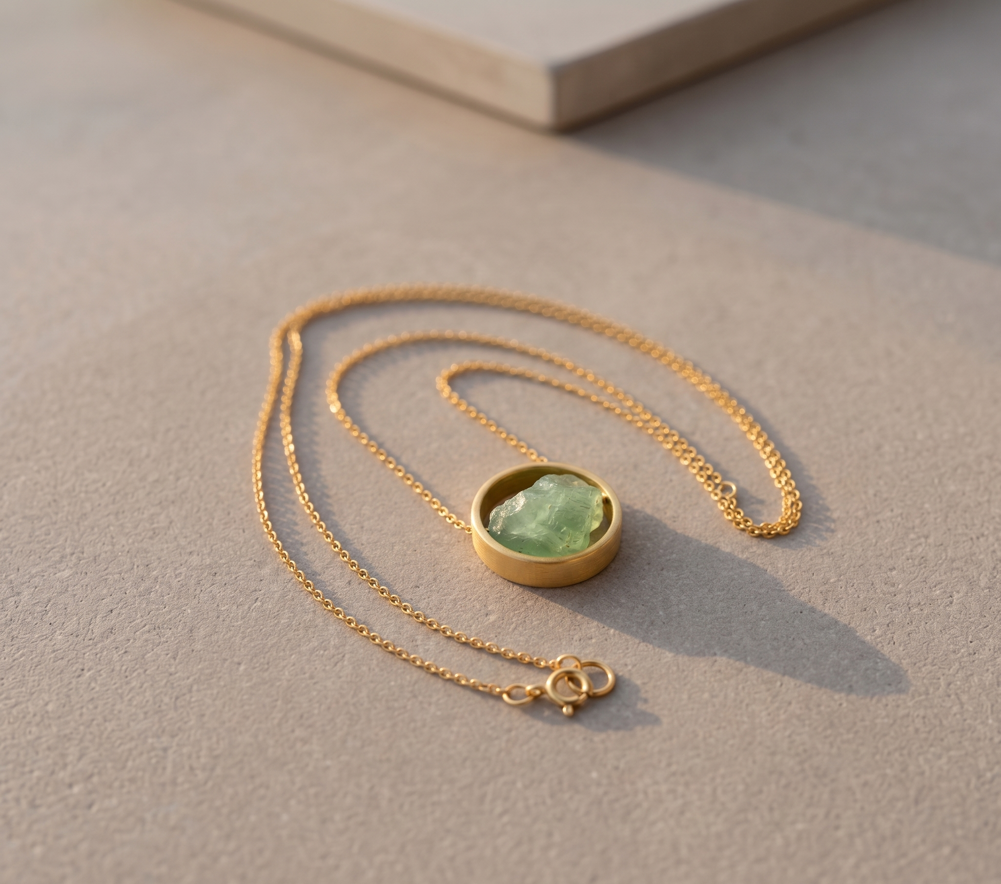 Gold necklace with a green gemstone pendant on a beige surface