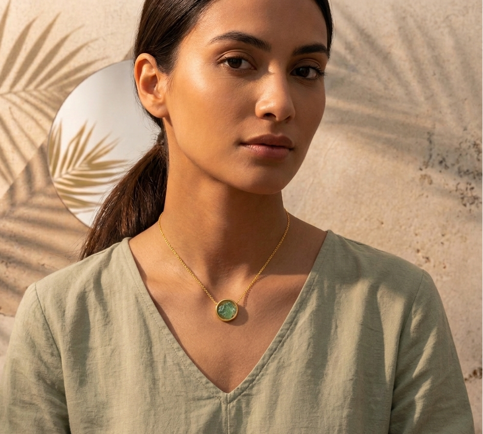 Woman wearing a gold necklace with a green pendant against a neutral background