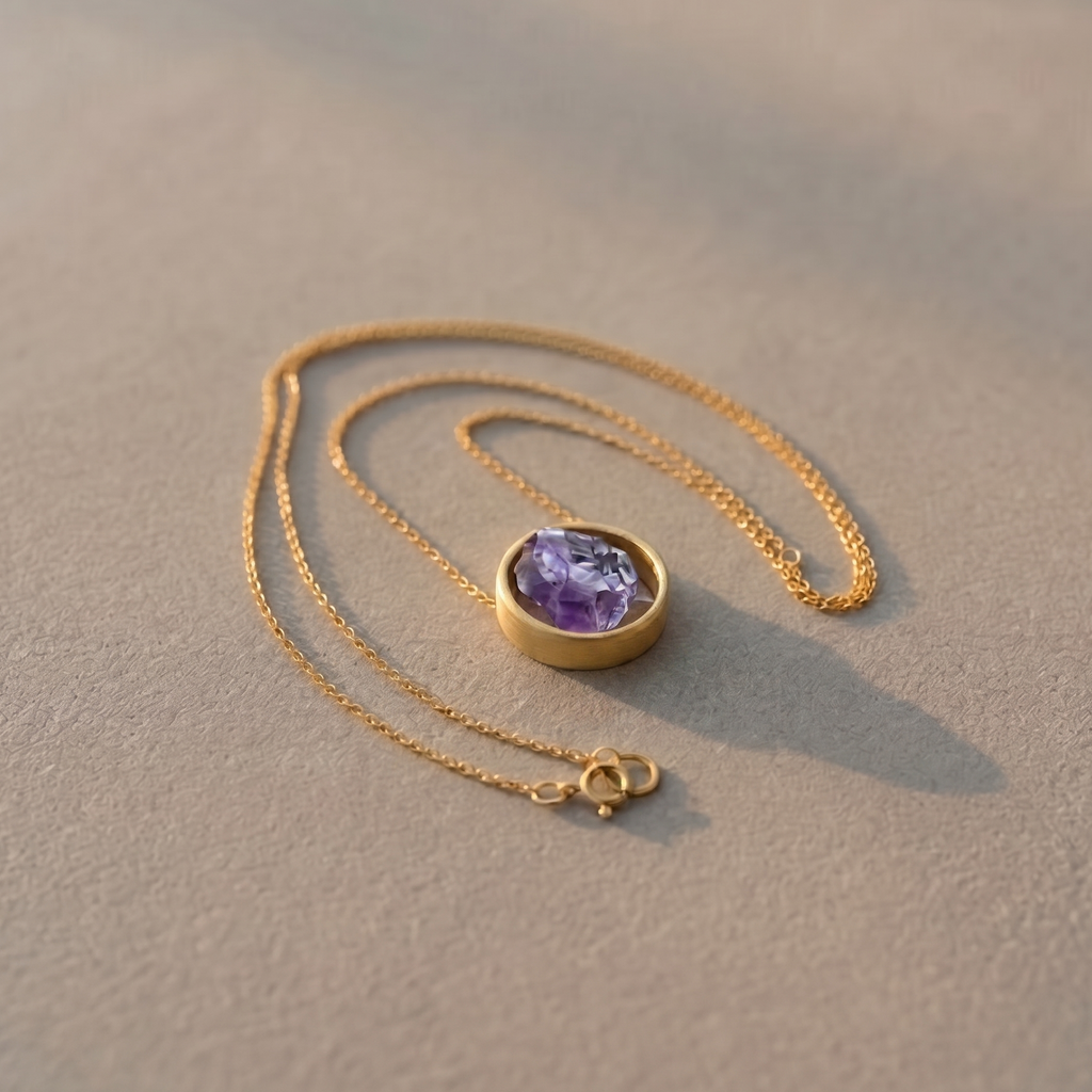 Gold necklace with a purple gemstone pendant on a beige surface