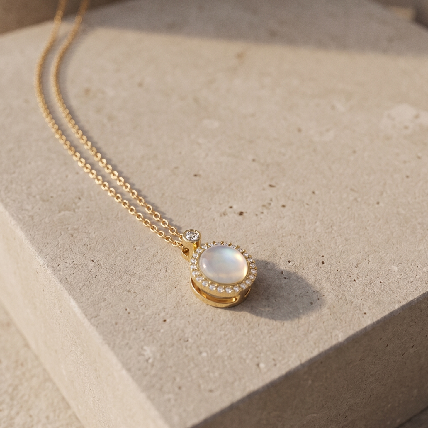 Gold necklace with a pendant on a stone surface