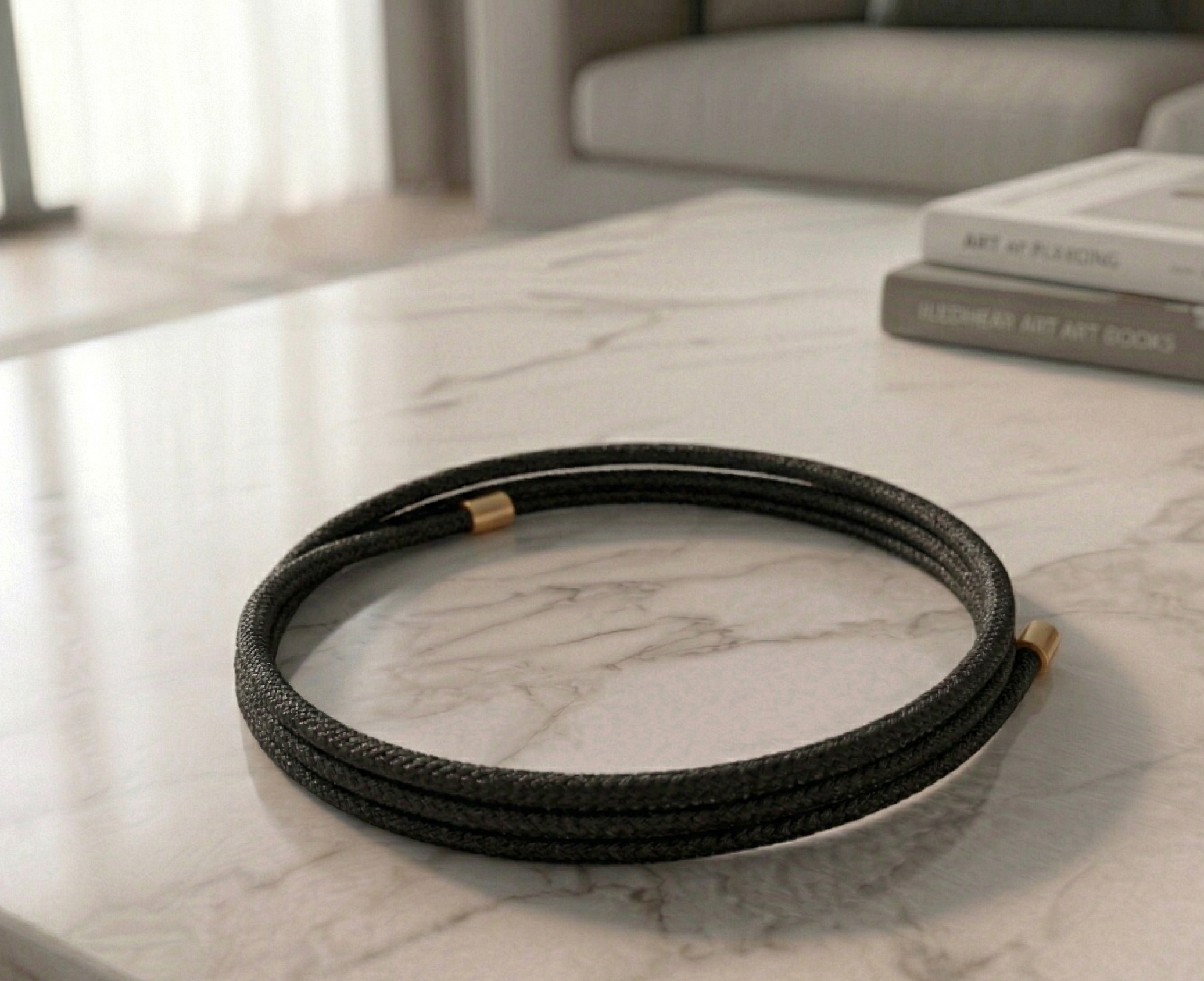 magnetic bracelet on a marble surface with books in the background
