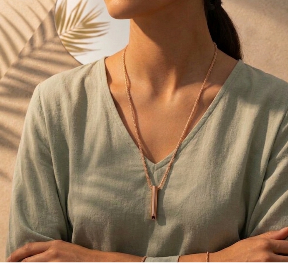 Woman wearing a light green top with a necklace, standing against a neutral background.