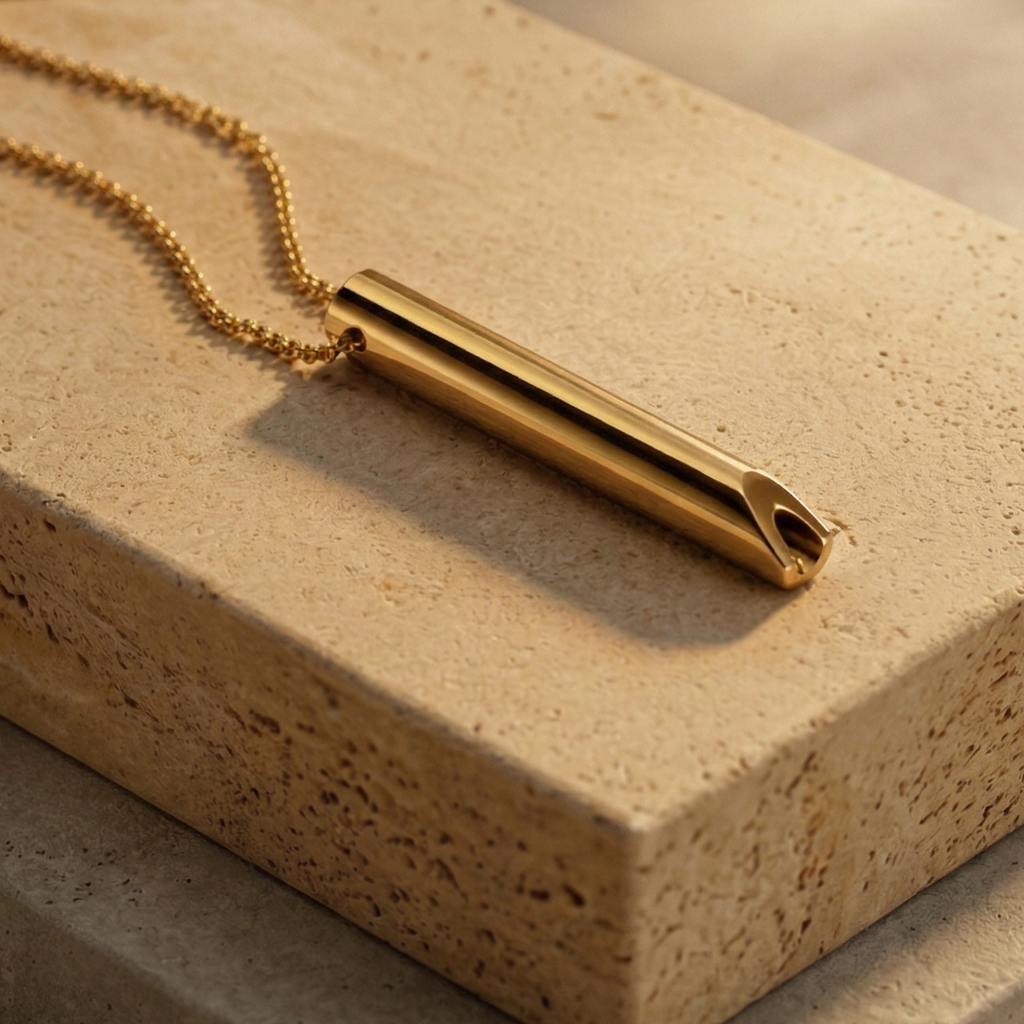 Gold necklace on a textured beige surface