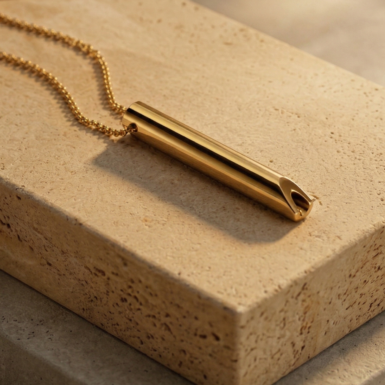 Gold necklace on a textured beige surface