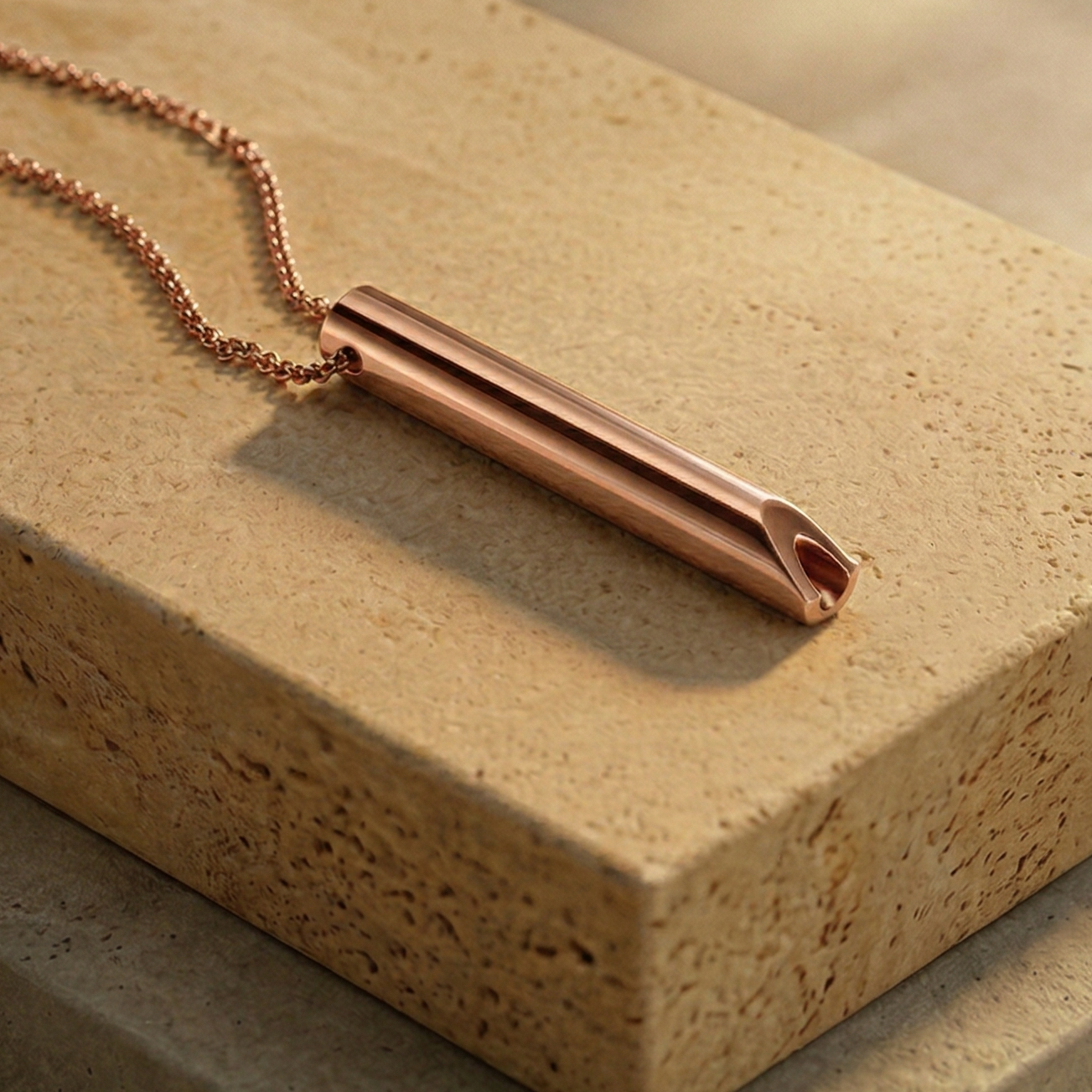 Rose gold necklace on a textured beige surface
