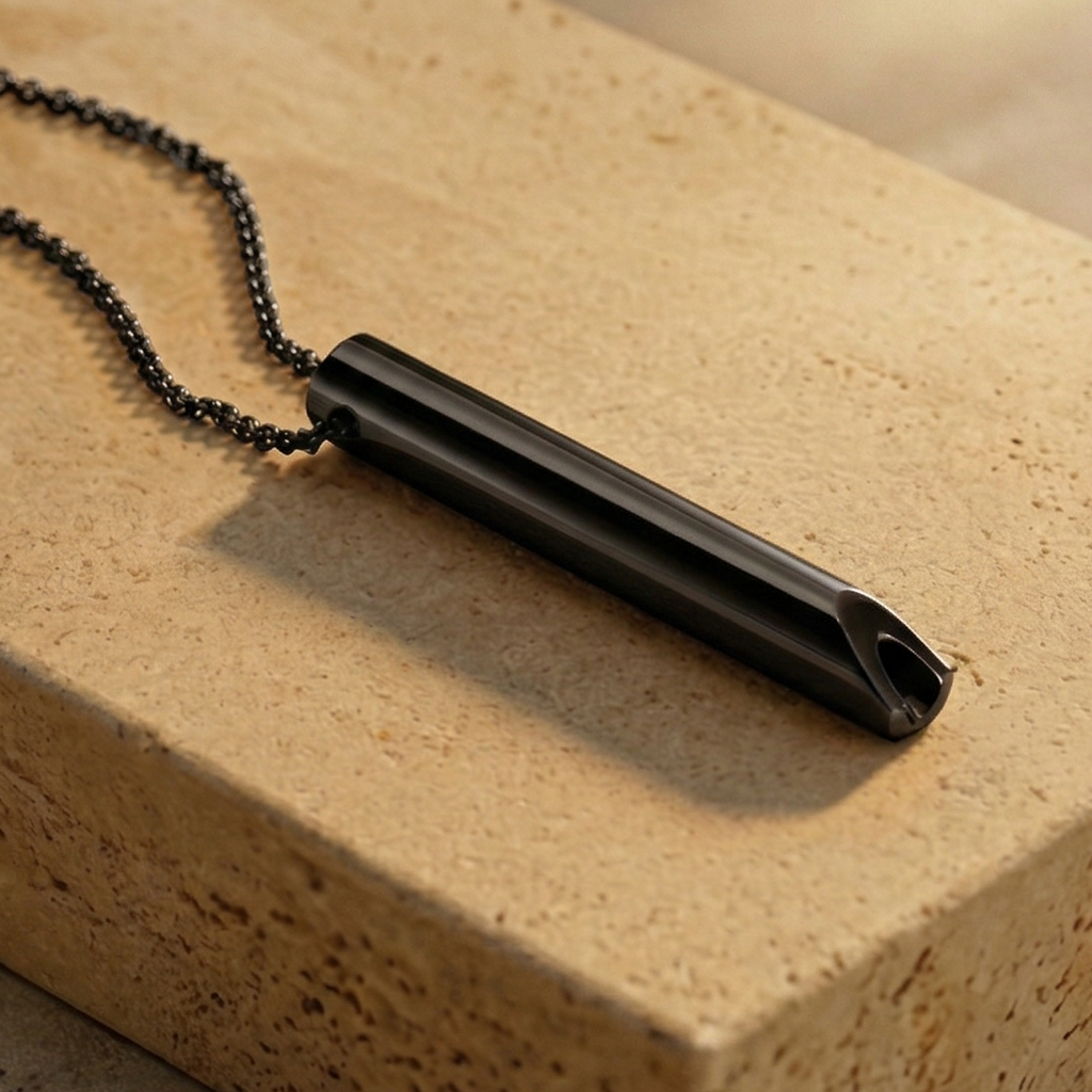 Black necklace with pendant on a textured surface