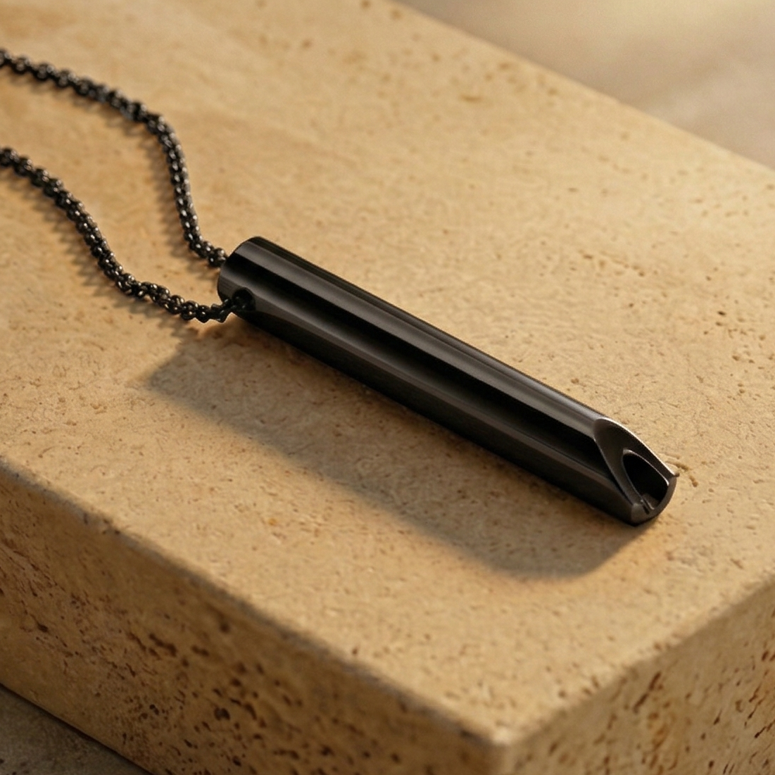 Black necklace with pendant on a textured surface