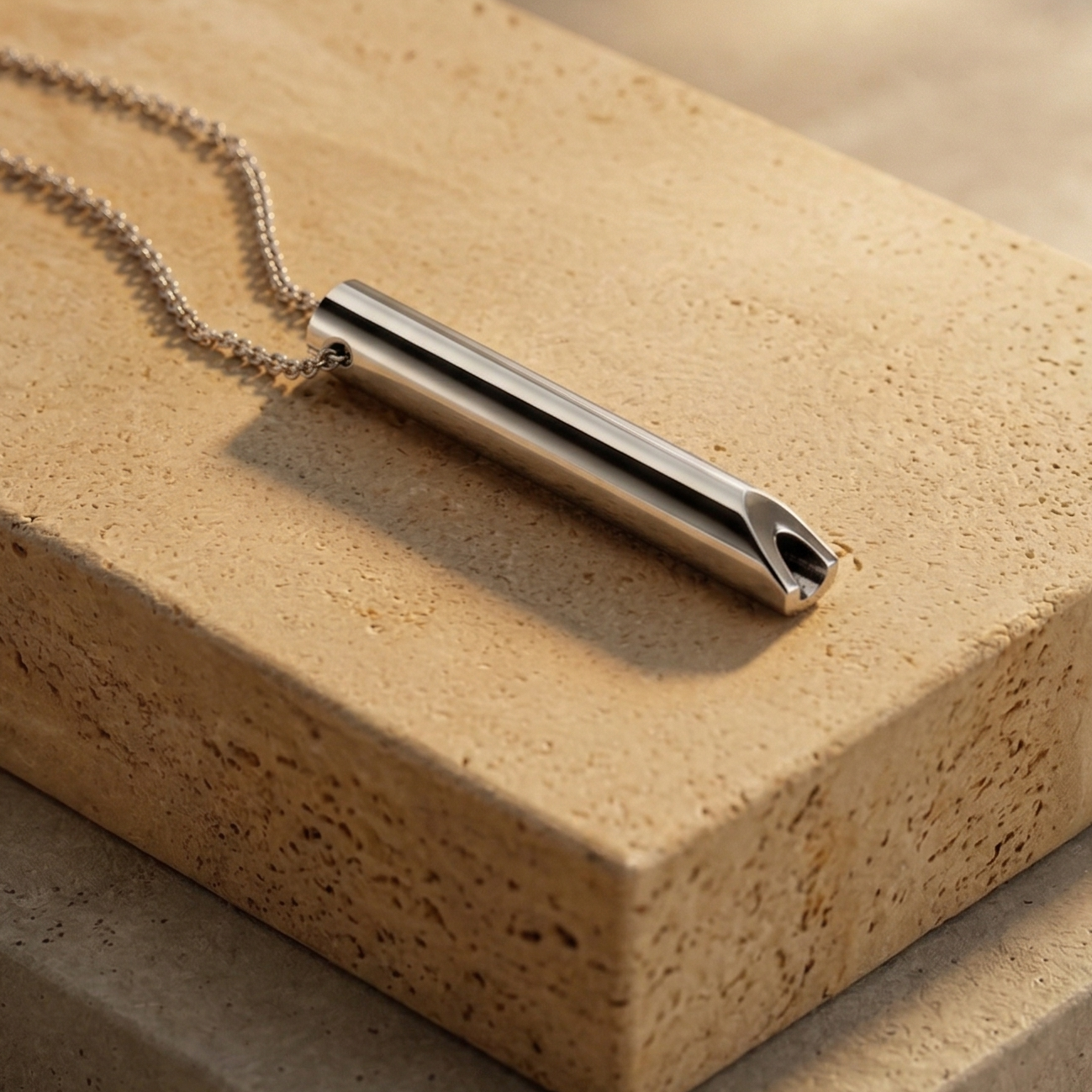 Silver necklace with a cylindrical pendant on a textured beige surface