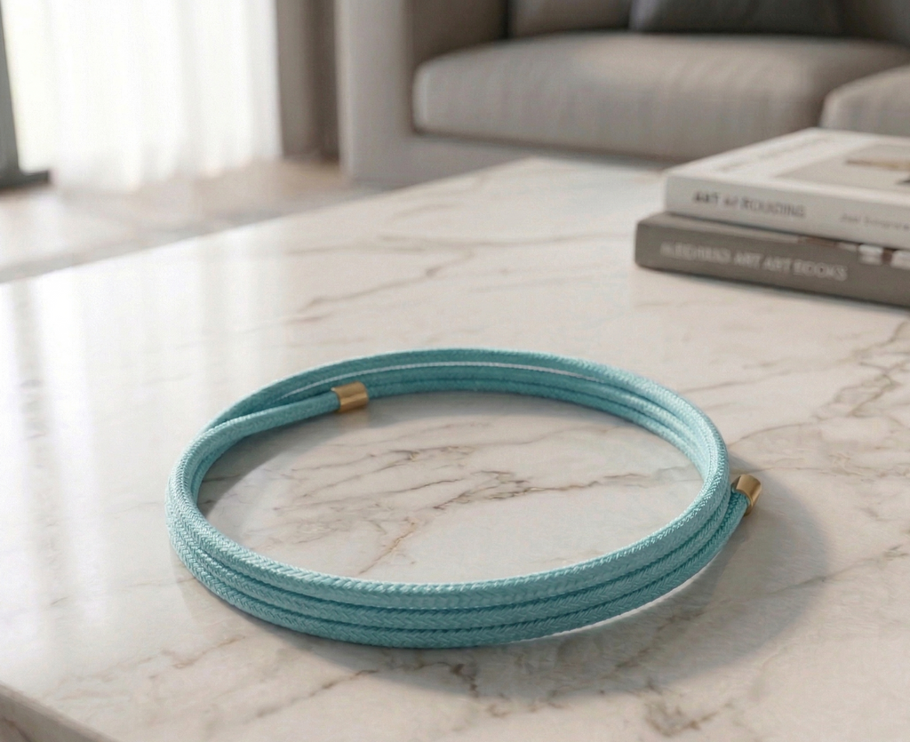 Cyan magnetic bracelet on a marble surface with books in the background