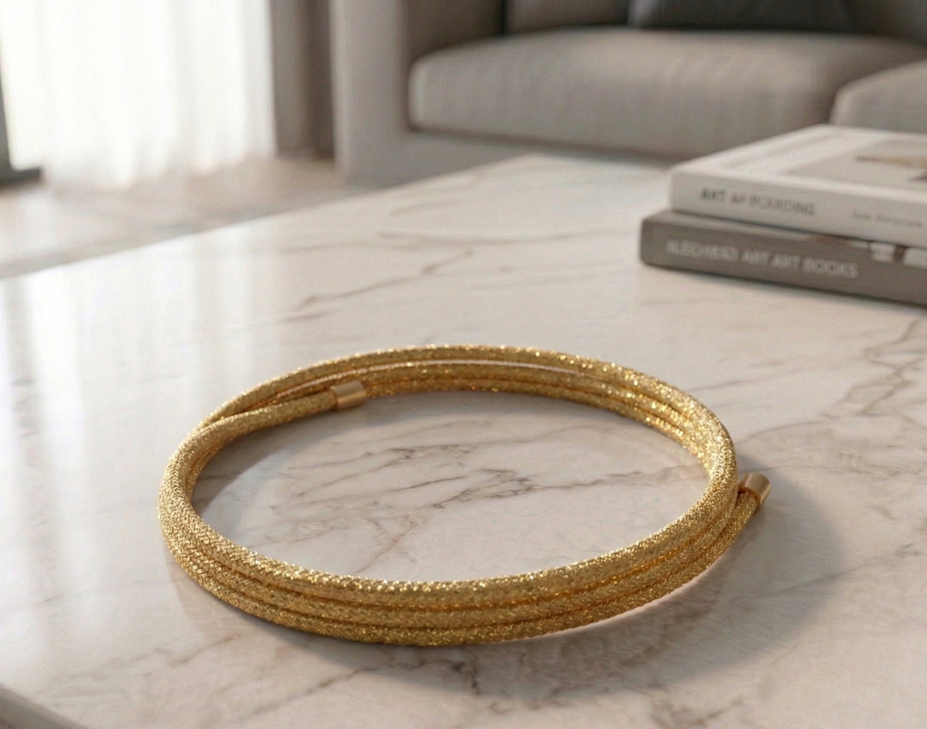 Gold magnetic bracelet on a marble surface with books in the background