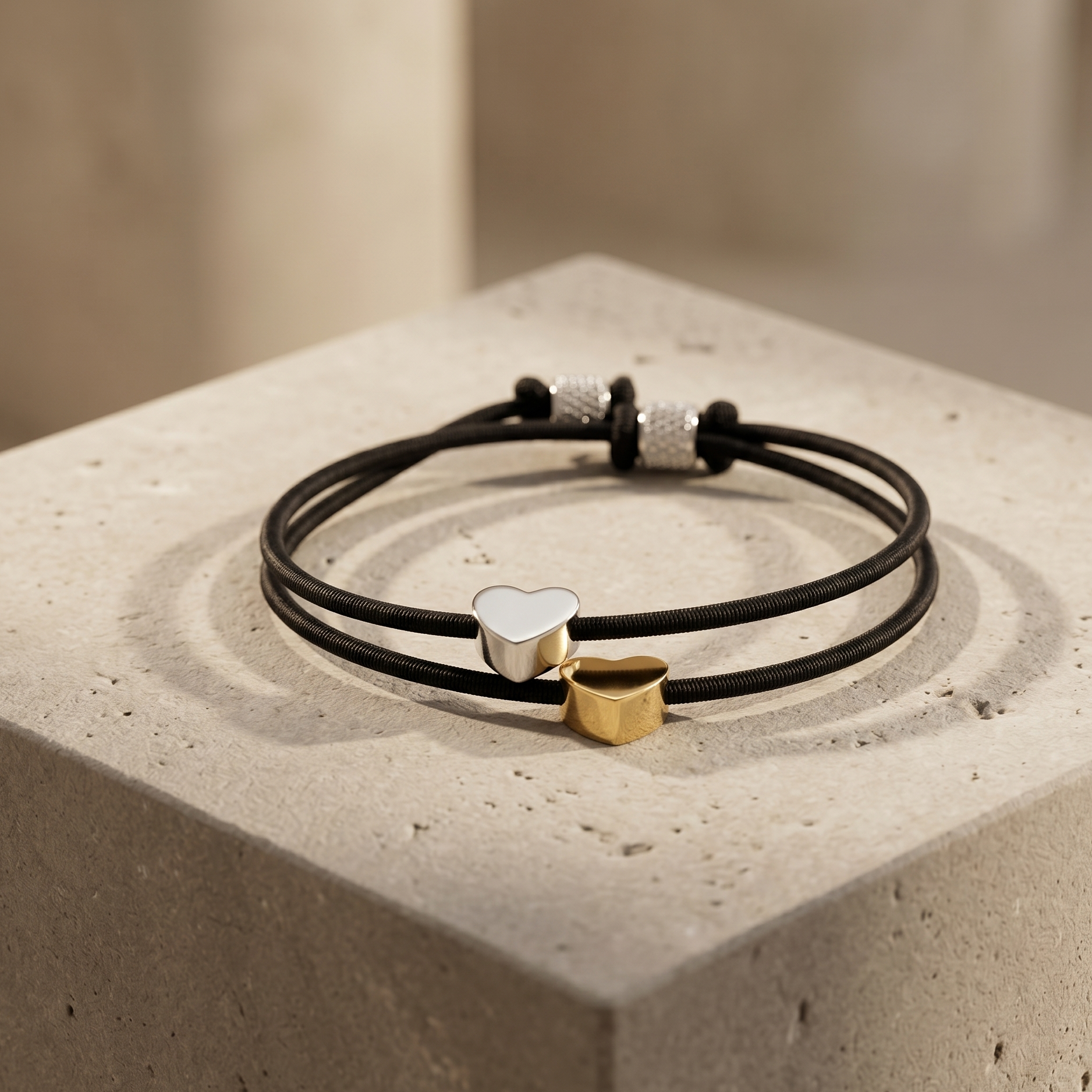 Black bracelet with heart-shaped metal charms on a concrete surface
