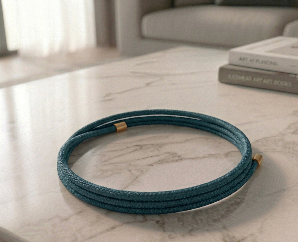 Navy colored magnetic bracelet on a marble surface with books in the background