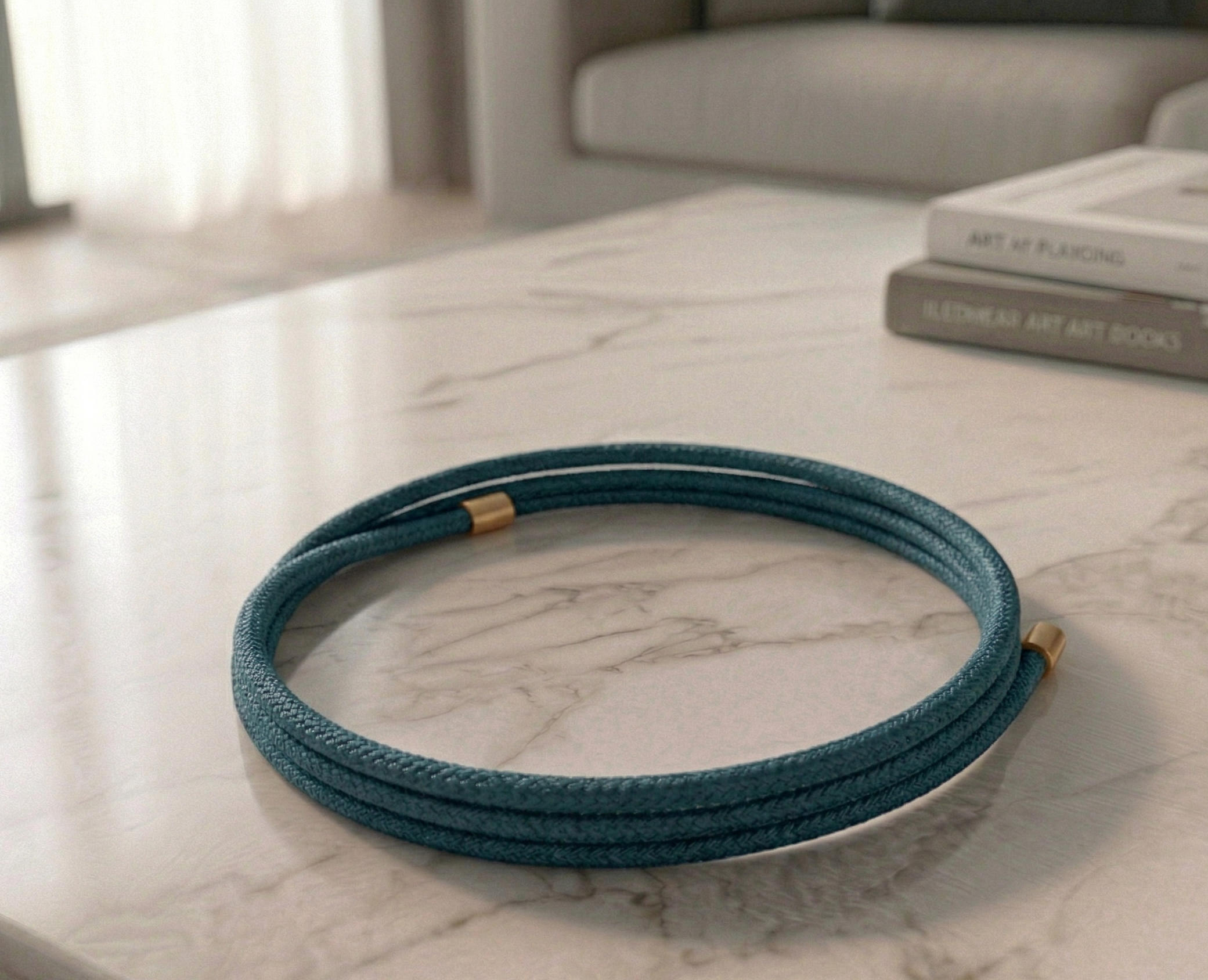 Navy colored magnetic bracelet on a marble surface with books in the background