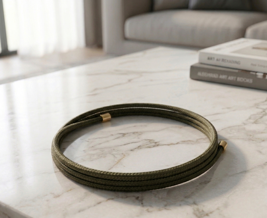 magnetic bracelet on a marble surface with books in the background