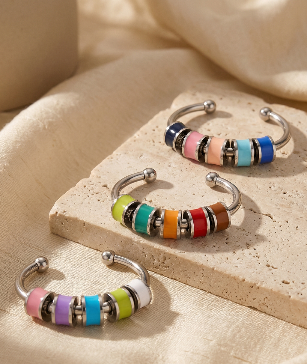 3 rings with colorful enamel beads
