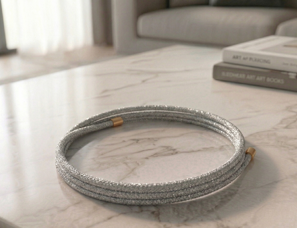 Silver magnetic bracelet on a marble surface with books in the background